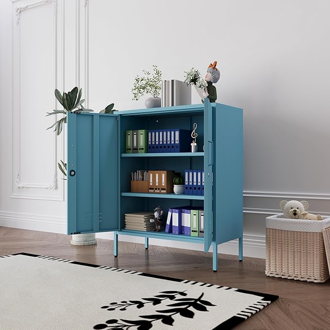 Blue Heavy Duty Metal Storage Cabinet, Multifunctional Lockable Cabinet with 3 Adjustable Shelves, Secure Industrial Organizer for Home Office School, Easy Assembly, 40" H x 31.5" W x 15" D