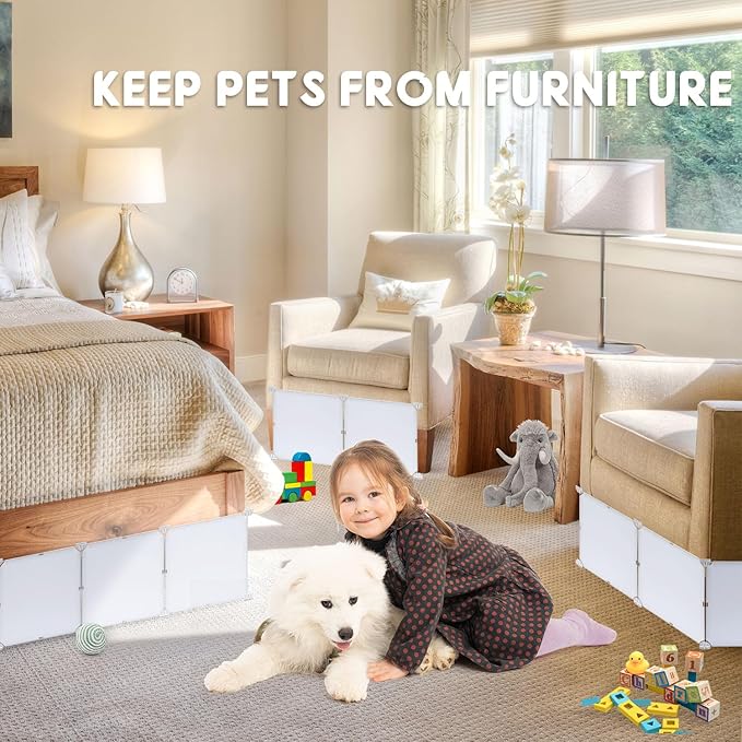 Under Bed Blocker for Pets 11.8" Height 248" Length in Total, Adjustable Bed Blockers to Keep Cats/Dogs Out from Under Beds Fit Queen, King Bed 3 Sides, Easy to Use, White