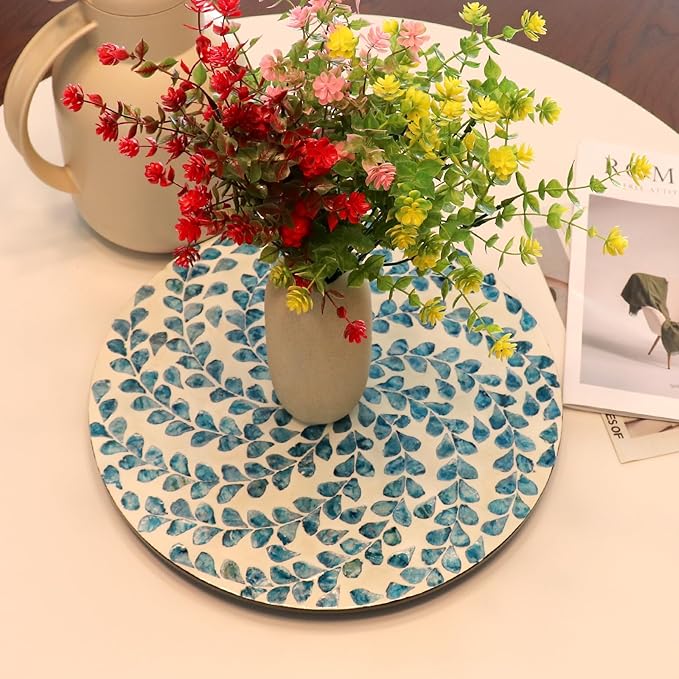 13.8" Mother of Pearl Lazy Susan Turnable Organizer, 360 Degree Round Table Countertop Decorative Spinning Tray for Kitchen Cabinet Counter Spice Pantry Dinner Table (Blue Wicker)