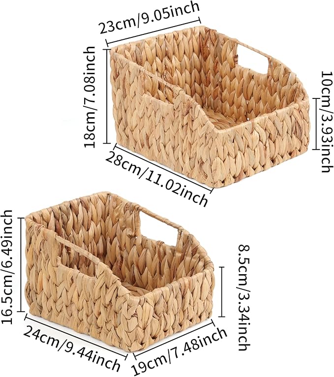 FEILANDUO Pantry Organizers Wicker Baskets for Organizing with Handles Handwoven Wicker Storage Bins Baskets for Shelves Boho Home Decor (Natural(Water Hyacinth), Set of 2