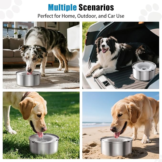 No-Spill Dog Water Bowl — 3L Stainless Steel, Floating Disk, Anti-Splash (Light Gray)