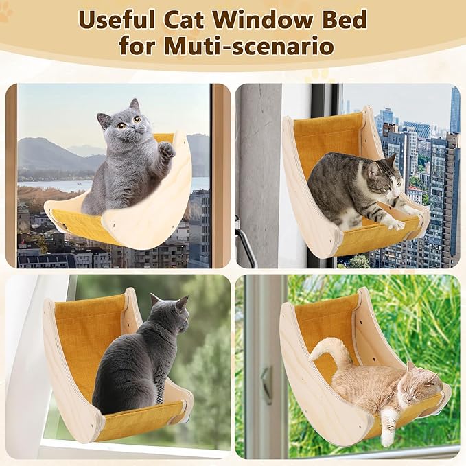 Cats Window Beds Moon Perches Seat for Indoor Cat, Wooden Moon Cat Hammock Shelves Mounted with Cushion & Suction Cups, Cordless Cats Furniture for Sleep and Watch Birds for Windowsill
