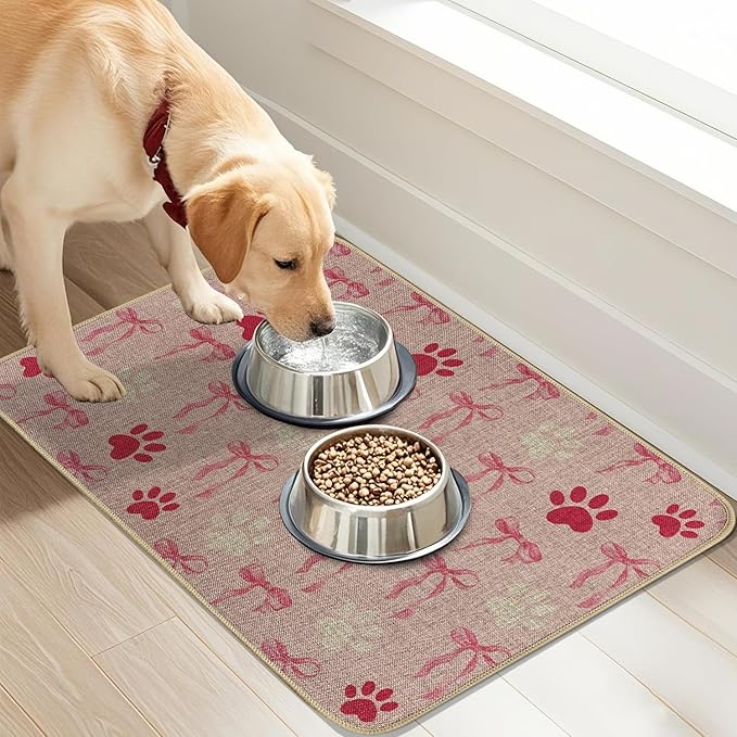 SHIYUE Dog Food Mats for Floors, Absorbent Cat Bowl for Food and Water, Non-Slip Accessories Pet Supplies(17"x30",Pink Bow Footprint)