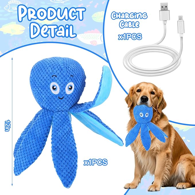 Interactive Dog Toys - Bouncing Octopus Crinkle Tentacles, Music and Recording, Moving Ball for Small/Medium/Large Puppy to Keep Them Busy for Boredom, Smart Motion Activate Pet Toy, Rehargeable
