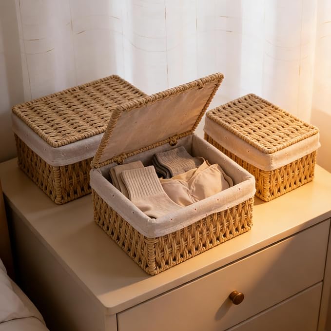 Woven Storage Baskets with Lids, Set of 3, Gray Paper Rope Wicker Bins with Lids & Removable Liners, Stackable Shelf Organizer Boxes for Bathroom Closet Nursery