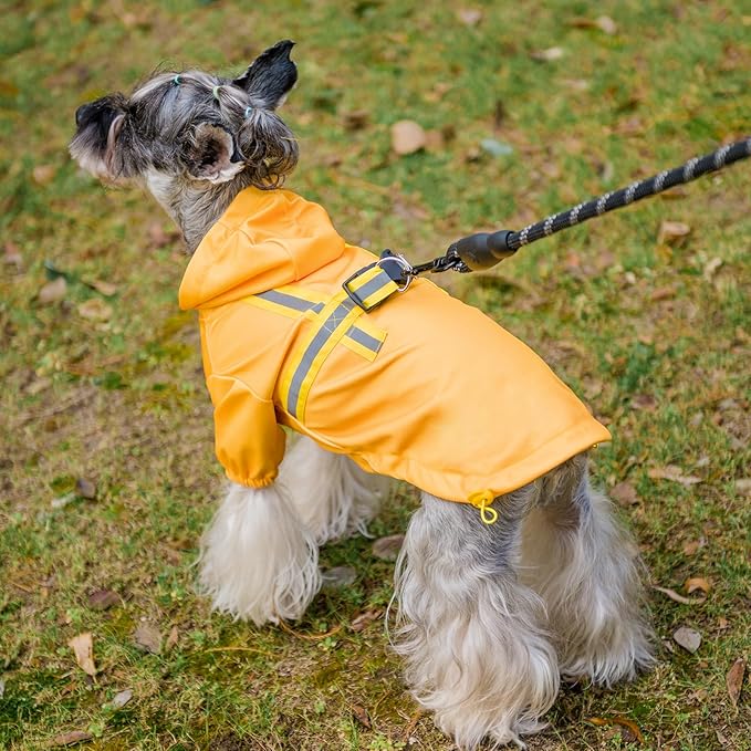 PUPTECK Dog Raincoat with Hood & Harness Built-in, Waterproof Dog Rain Jacket Slicker Poncho Reflective Vest Clothes for Rainy Snowy Winter Cold Days, Yellow S