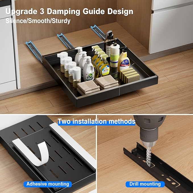 2 Pack Pull Out Cabinet Organizer Expandable, 21"Deep Slide Out Drawer for Cabinets Adhesive Pull Out Drawers Heavy Duty Pull Out Shelves for Kitchen, Cupboard, Pantry, Bathroom(Black)