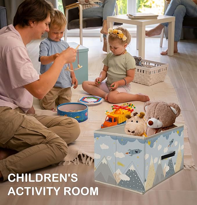 Nogrit Dreamy Rocket Mountain Storage Bins Box, Toybox for Boys, Light Blue Cosmic Foldable Baskets Organizer Container with Handles for Kids Boys Bedroom Bathroom Clothes Toys Books