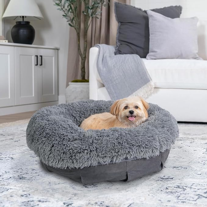 Best Friends by Sheri Ultra Calming Pouf Bed, Orthopedic Round Dog Bed for Joint Support, Faux Fur, Washable Cover, Gray, Small, 23"x23"