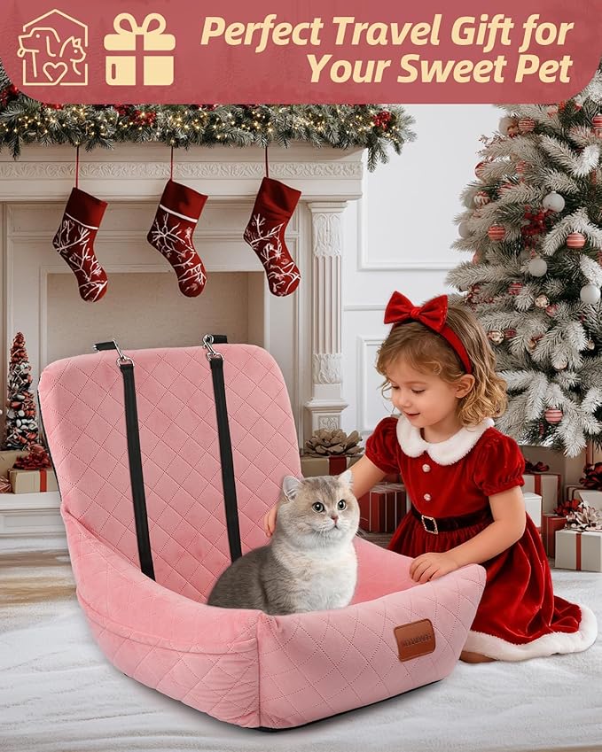 Dog Car Seat,Pet Booste Bed with Seatbelt,Washable Dog Car Travel Bed Easy to Assemble, Clip-On Safety Leash and Storage Pocket (Pink)