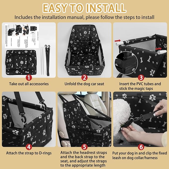 PetsHome Dog Car Seat Foldable Dog Car Booster Seat Waterproof Breathable Oxford Travel Bag for Small to Medium Dogs, Puppies, and Pets-Pattern Black+Mat
