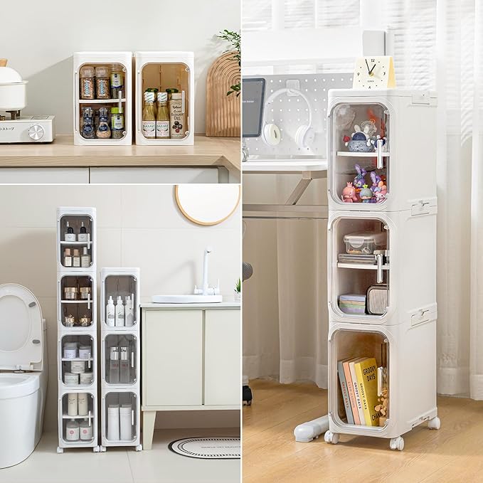 2-Tier Narrow Bathroom Storage Cabinet with Wheels, Plastic Slim Organizer with Adjustable Shelves for Small Spaces,Bathroom, Kitchen, Laundry,Milky White