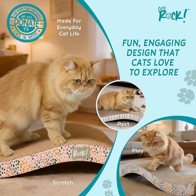 Cats Rock Scratching Board for Indoor Cats, Corrugated Cardboard Cat Scratcher with Catnip, Double-Sided Scratch Pad, Wave Scratcher Colorful Leopard Design (Pack of 2)