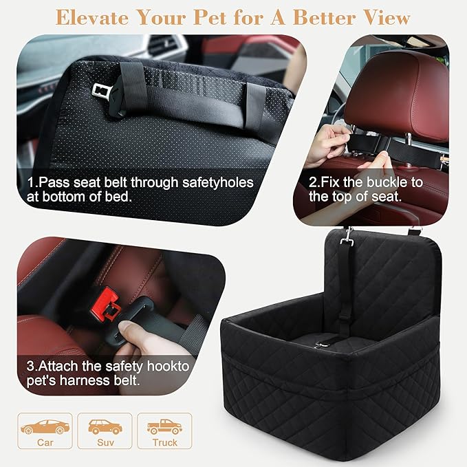 Dog Car Seat for Small/Medium Dogs,Pet Dog Booster Car Seat Puppy 15-35 lbs with Soft 4+2in Detachable Pads Detachable Elevated Cushion and Washable Cover Safety Belt Storage Pockets Easy to Install