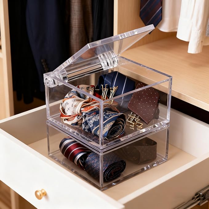 Clear Box with Hinged Lid, Small Acrylic Box with lid Storage Contanier Holder Transparent Dust-Proof Mask Storage Case Container for Home Office Car, Clear