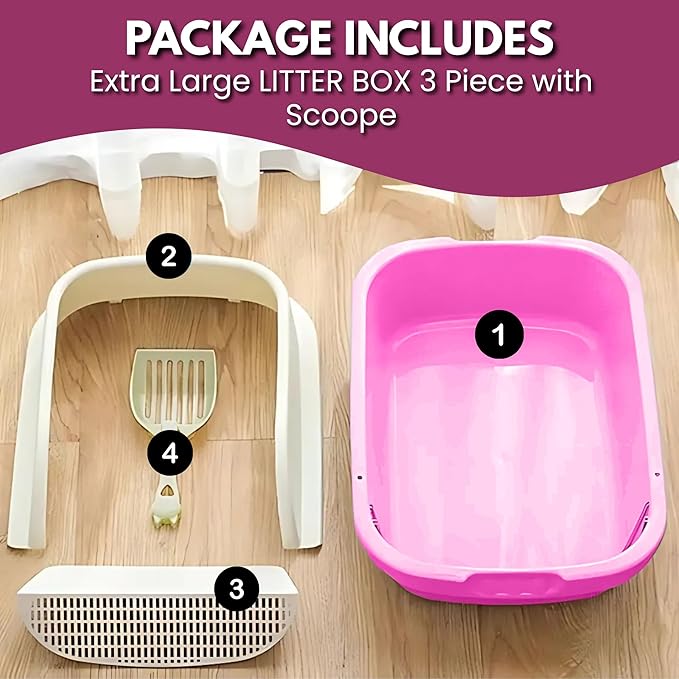 Large Open-Top Cat Litter Box with High Sides, Enclosed Scatter Shield Design, Easy Clean Plastic Litter Pan, Includes Scoop (Pink)