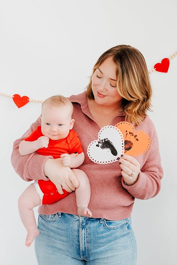 Pearhead Valentine's Day Baby Clean-Touch Ink Pad Set, No Mess Handprint and Footprint Maker, Baby's First Valentine, 2 Heart Print Cards