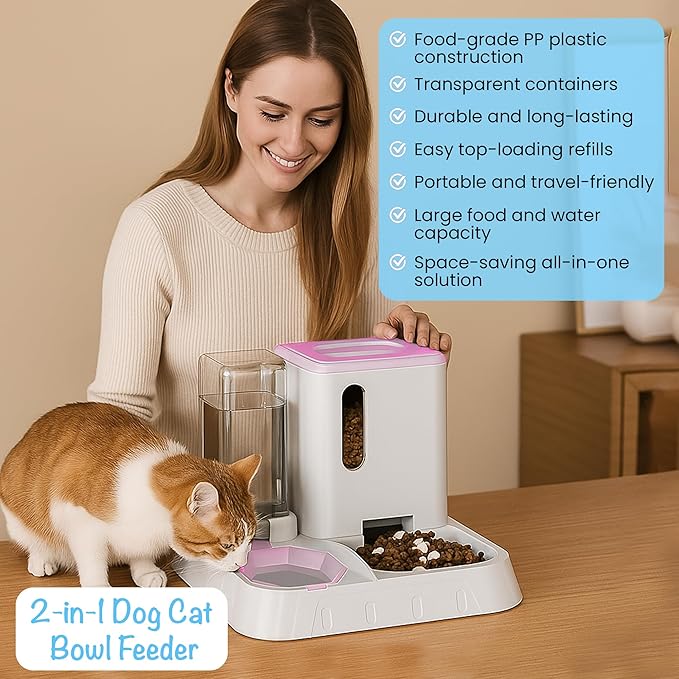 Automatic Pet Feeder & Water Dispenser β 2-in-1 Large Gravity Dog & Cat Food Feeder Water Bowl β Easy to Clean, No Power Needed β Durable, Non-Slip, Indoor/Outdoor Pet Station (Pink)