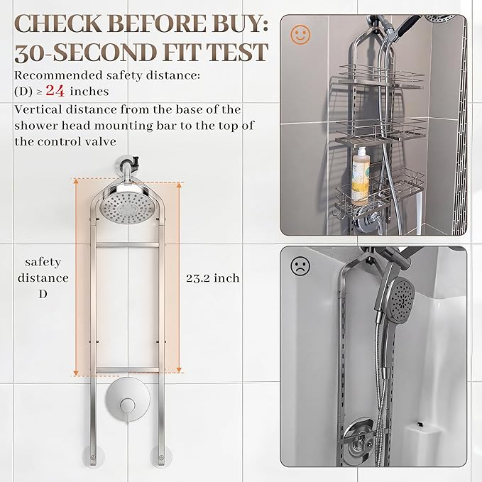 Aluminum Alloy Hanging Shower Caddy for Handheld Shower Heads, 4-Tier Adjustable Shower Rack, Rustproof Hose Hanging Shower Organizer with 2 S-Hooks, Silver