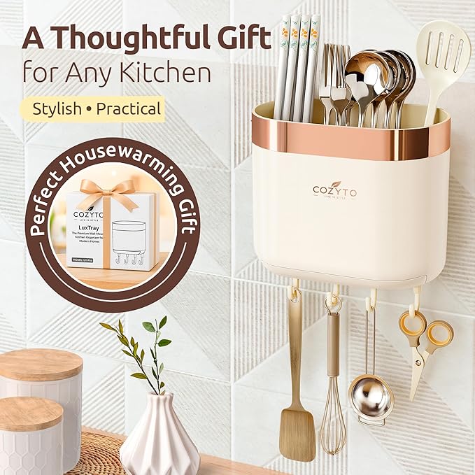 COZYTO LuxTray U1-Pro Wall Mounted Utensil Holder – Kitchen Organizer with Hooks, Dividers & Drain Tray, No-Drill Adhesive Wall Mount Storage, BPA-Free (Cream White & Rose Gold)