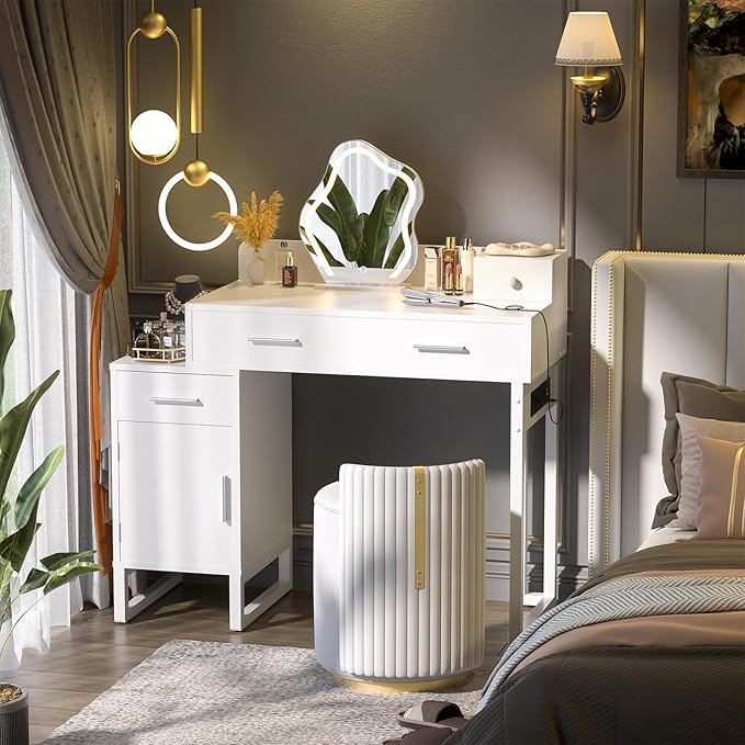 Vanity Desk with 4 Storage Drawers - Modern Makeup Vanity Table with Charging Station, White Vanity Desk with Reversible Cabinet Dressing Table Set with Divided Organizers for Women Girls, White
