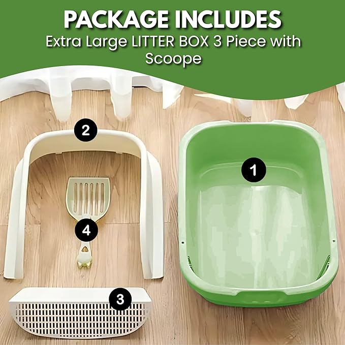 Large Open-Top Cat Litter Box with High Sides, Enclosed Scatter Shield Design, Easy Clean Plastic Litter Pan, Includes Scoop (Green)