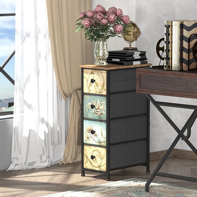 Tohomeor Narrow Storage Dresser Slim Dresser with Retro Flowers Fabric Drawers Vertical Skinny Cabinet for Small Spaces,Bathroom,Bedroom Closet Nightstand,Entryway Organizer (Retro Flower, 4 Drawers)