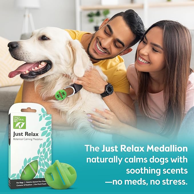 Only Natural Pet Just Relax Botanical Calming Collar Medallion for Dogs – Essential Oil Blend with Lavender & Chamomile – Comfort for Indoor Use or Travel – 2 Medallions, 1 Month Supply
