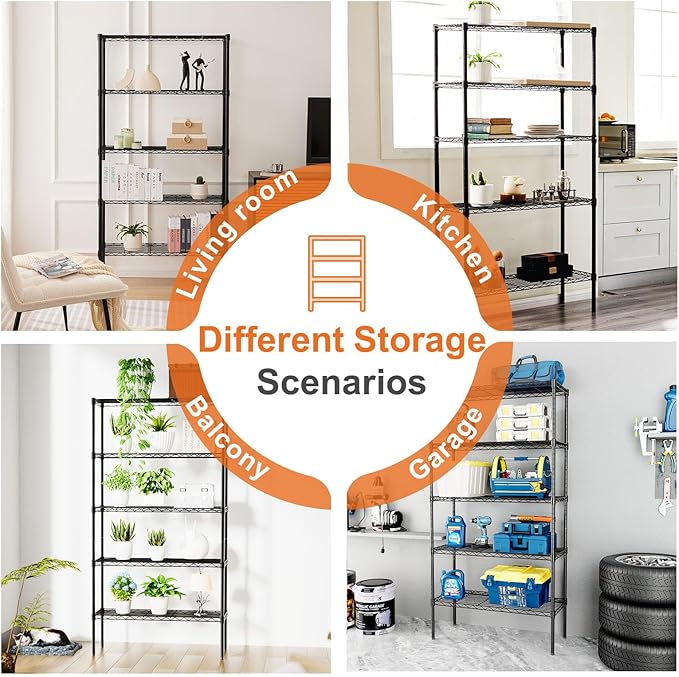 5-Wire Shelving Metal Storage Rack, Adjustable Steel Wire Racks, Heavy Duty Standing Shelf Organizer for Kitchen, Closet, Pantry, Garage, Laundry, Bathroom, Black