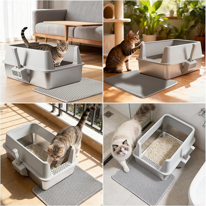 Stainless Steel Cat Litter Box with Lid, XL Metal Litter Box High Sided, Odor-Free/Anti-Urine Leakage & Non-Stick, Extra Large Litter Box with Mat & Scoop for Multiple/Big Cats, Easy Cleaning (Grey)
