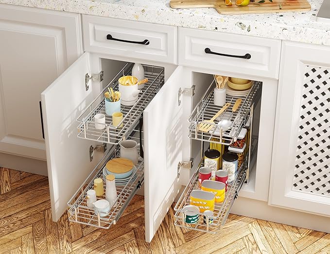 LOVMOR Individual Pull Out Cabinet Organizer, 2 Tier Slide Out Cabinet Drawers, Pots and Pans Organizer and Storage Pantry Shelf for Kitchen (5½" W x 21½" D)