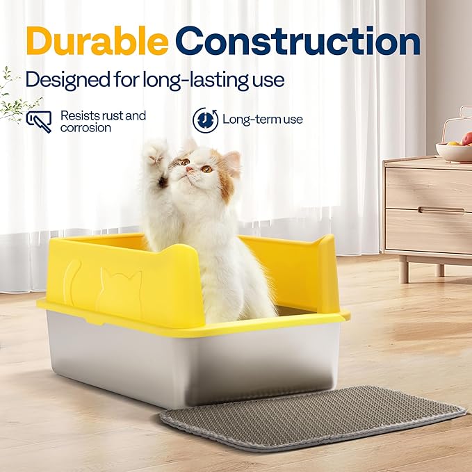 VIVOHOME XL Stainless Steel Cat Litter Box with Lid, Extra Large Litter Pan with High Sides, Easy Clean, Include Double Layer Litter Mat and Scoop, Yellow