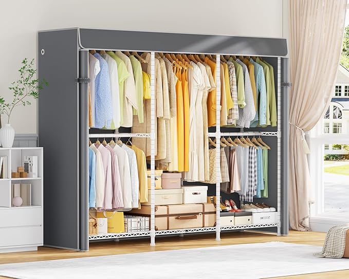 E14C Pro Heavy Duty Closet Organizer System,Freestanding Clothing Racks for Hanging Clothes,Adjustable Garment Rack 70.1"W × 16.6"D × 76.4"H Hold 960 lbs,White Rack with Grey Dustproof Cover