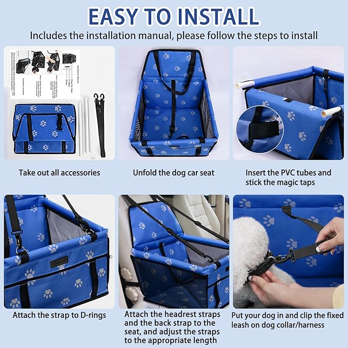 PetsHome Dog Car Seat Foldable Dog Car Booster Seat Waterproof Breathable Oxford Travel Bag for Small to Medium Dogs, Puppies, and Pets-Footprint Blue