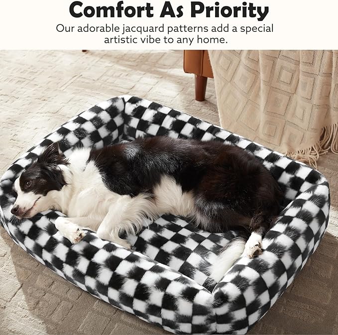 JOEJOY Small Dog Bed for Small Dogs, Removable Washable Cover Orthopedic Soft Faux Rabbit Fur Pet Bed, Anti-Slip Fluffy Plush Puppy Bed, 20"x19"x6", Checkered, Black