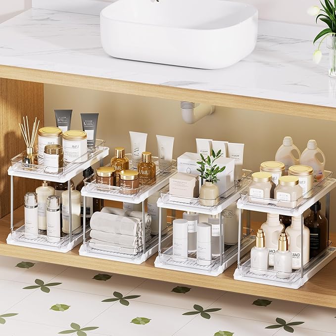 Delamu 2-Tier Bathroom Under Sink Organizers and Storage, Pull Out Cabinet Drawers with Anti-Slip Design & Two Sizes, Multi-Purpose Storage for Kitchen, Pantry, Bathroom & Home Organization, 4 Pack