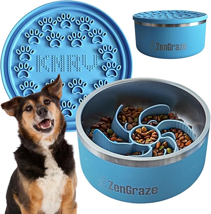 Stainless Steel Slow Feeder Dog Bowl for Large Dogs | 64 oz, Non-Slip Base with Textured Lick Mat Lid & Silicone Slow Feeder Insert β Deep Anti-Gulp Metal Puzzle Bowl for Large Breeds (Eli Blue)