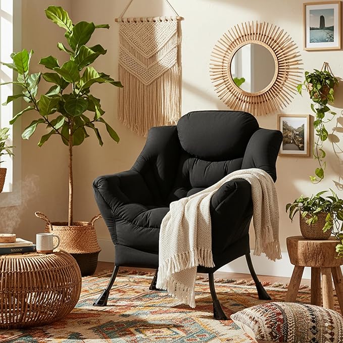 Welnow Lazy Chair for Living Room, Modern Reading Lounge Accent Chair with Armrests and a Side Pocket, Leisure Upholstered Lazy Sofa for Small Space, Bedroom, Dorm, Black