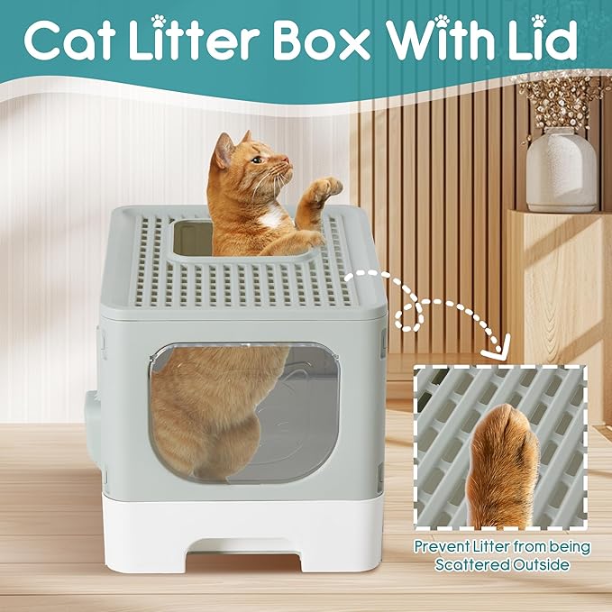 Cat Litter Box with Scoop, Large Foldable Litter Box with Lid & Drawer Tray, Front Visible Entry Top Exit Kitty Box, Odor Control, Easy to Clean