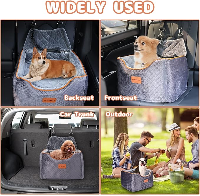 Memory Foam Booster Dog Car Seat with Washable Removable Cover, Elevated Pet Car Seat, Anti-Slip Sturdy Booster Seats for Small Dogs 35lbs, Seat Belt, Storage Pocket, Dog Blankets