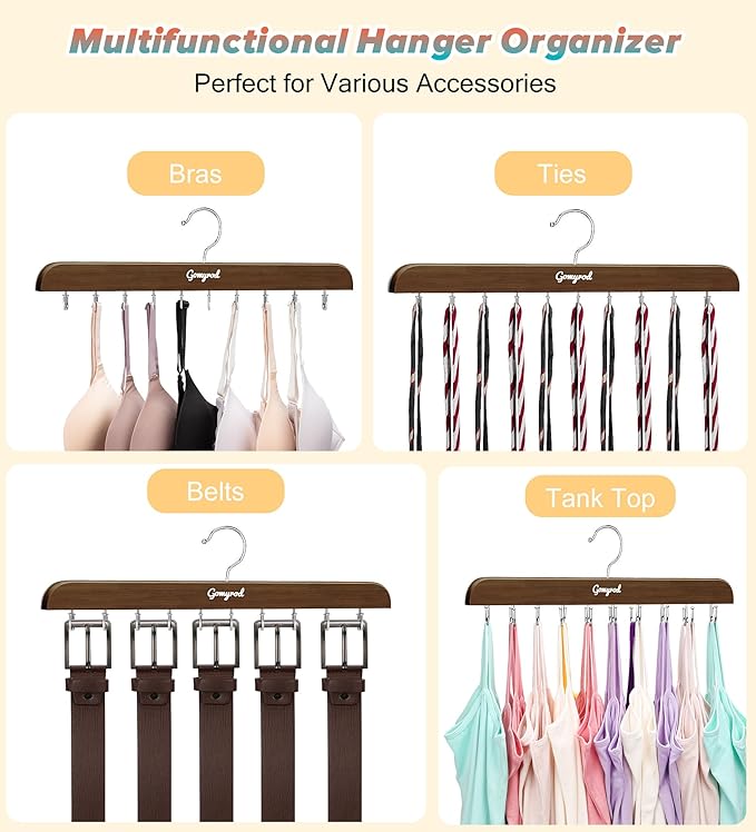 Bra Hanger for Closet, 2 Pack Tank Top Hangers w/20 Hooks Holds 40 Bras, Capacity Foldable Wood Space Saving Hanger, 360°Rotating Closet Organizers and Storage for Dorm & Apartment(Brown)