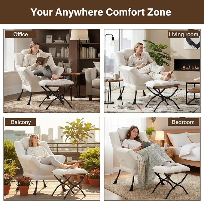 Welnow Lazy Chair with Ottoman, Modern Reading Lounge Accent Chair with Armrests and a Side Pocket, Leisure Upholstered Lazy Sofa Set with Footrest for Small Space, Beige