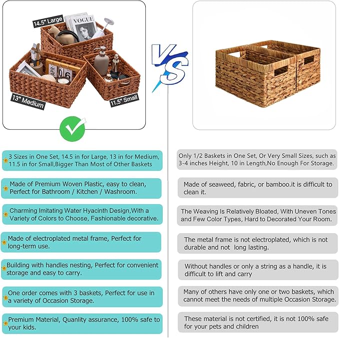 Set of 3 Wicker Storage Baskets, Decorative Baskets With Built-in Handles, Multipurpose Nesting Countertop Baskets for Shelves, Kitchen Organizers, Pantry, Bathroom, Toilet, Closet (Natural)