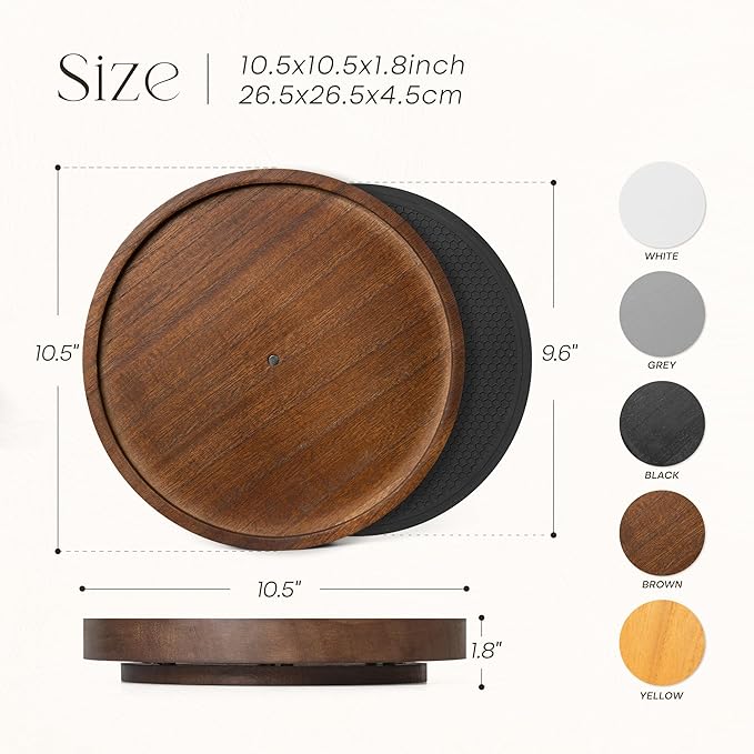 EOSAHR Non-Skid Wooden Lazy Susan for Table Top – Farmhouse 10.5" Bathroom Tray, Spice Rack and Vanity Tray - Stylish Bathroom Counter Organizer with Rubber Mat (Brown)
