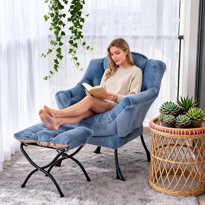 Welnow Lazy Chair with Ottoman, Modern Lounge Accent Chair with Armrests and a Side Pocket, Leisure Sofa Armchair Set, Reading Armchair with Footrest for Small Space, Plush Light Blue
