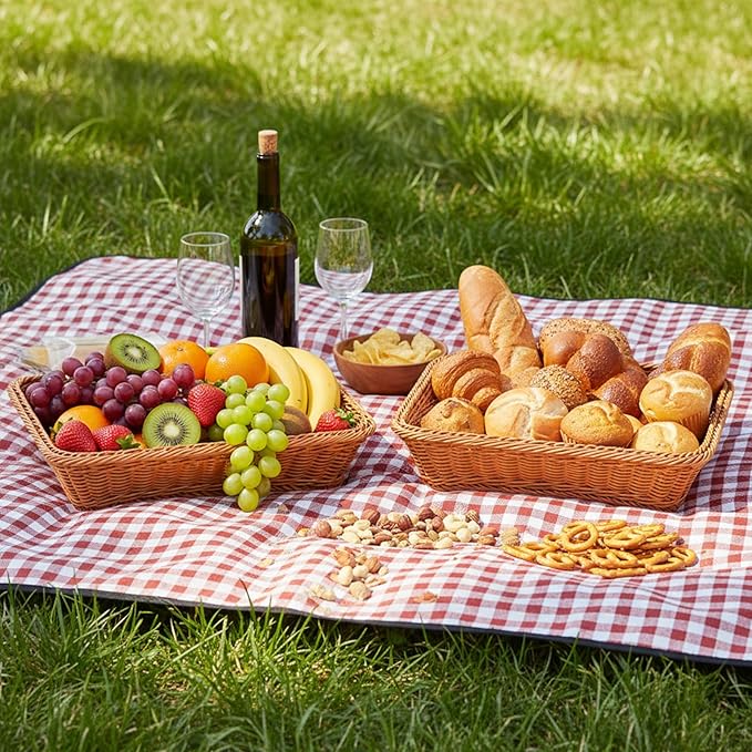 5 Pack 15.8 Inch Large Wicker Bread Baskets, Brown Woven Serving Basket Trays for Food, Bread, Fruits, Vegetables, Snacks - PVC Rattan Display for Restaurant & Home