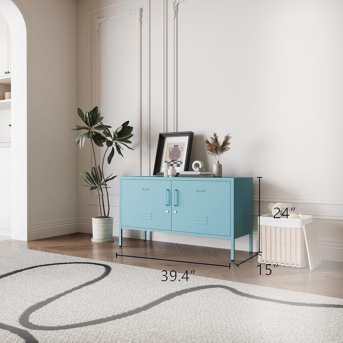 Blue Metal Storage Cabinet with Lock, 2-Door Wide Organizer, Adjustable Shelves, Multifunctional TV Stand & Entertainment Center for Bedroom, Living Room, 24" H x 39.4" W x 15" D