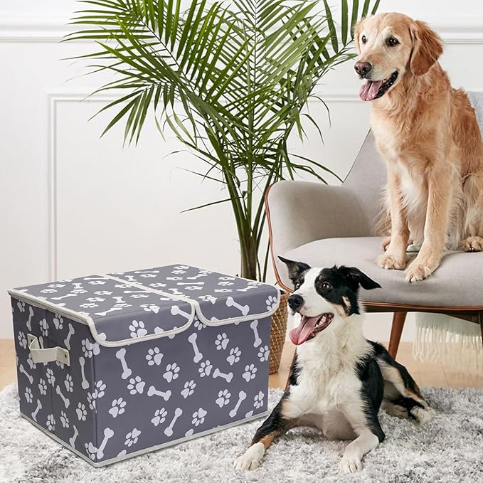 Geyecete Large Storage Boxes - Large Linen Fabric Foldable Storage Cubes Bin Box Containers with Lid and Handles for Dog Apparel(Bone claw)