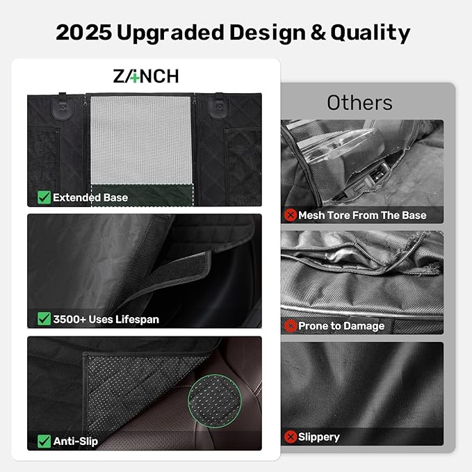 Zanch 2025 Upgrade Dog Car Seat Cover - 100% Waterproof Anti-Scratch, Passenger Friendly Back Seat Protector, Nonslip Pet Hammock with Durable Velcro Side Flap for Cars, SUV, Trucks, Standard-Black