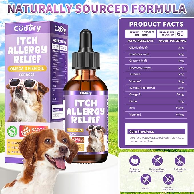 Dog Allergy Relief Drops, Skin & Coat Support with Fish Oil and Omega-3, Natural Immune Supplement for Dogs – Seasonal Allergy & Itchy Skin Care – Soothes Sensitive Skin, Itch Relief for Dog, 2 Fl oz